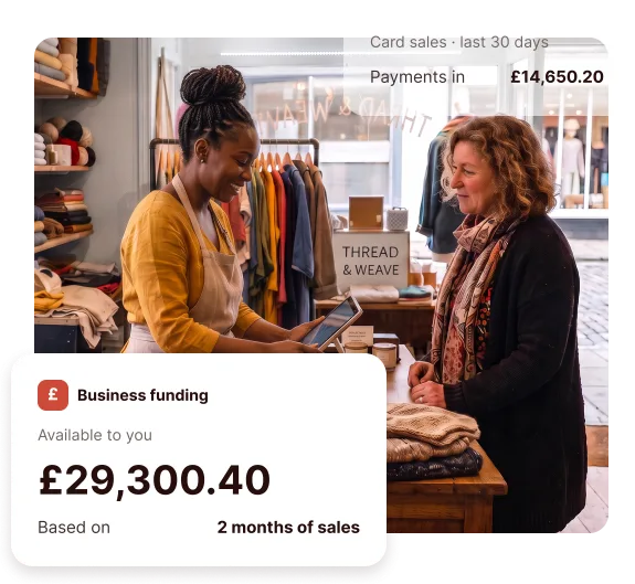 Clothes shop owner serving a customer, with an ANNA card showing £29,300.40 of business funding available based on two months of sales
