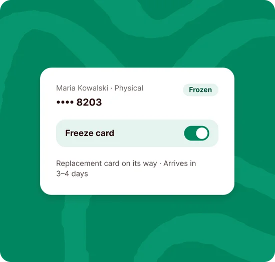 ANNA app showing Maria Kowalski’s physical card ending 8203 frozen, with a replacement card on its way in 3–4 days