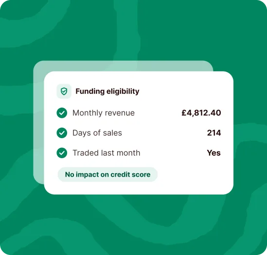 ANNA app card showing funding eligibility checks passed for monthly revenue, days of sales and recent trading, with no impact on credit score