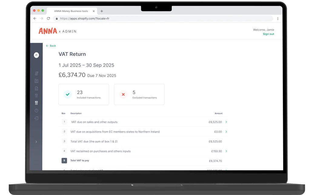 Laptop displaying ANNA’s Auto Accountant VAT return summary ready to file with HMRC