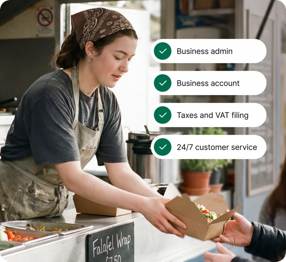 Street-food vendor beside a checklist of ANNA business account features including taxes, VAT filing and 24/7 support