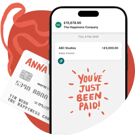 ANNA business account app showing a paid-invoice notification beside an ANNA Mastercard debit card