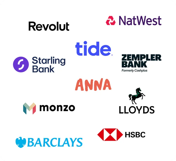 Logos of UK business bank providers including NatWest, Monzo, Starling, Lloyds, HSBC and ANNA