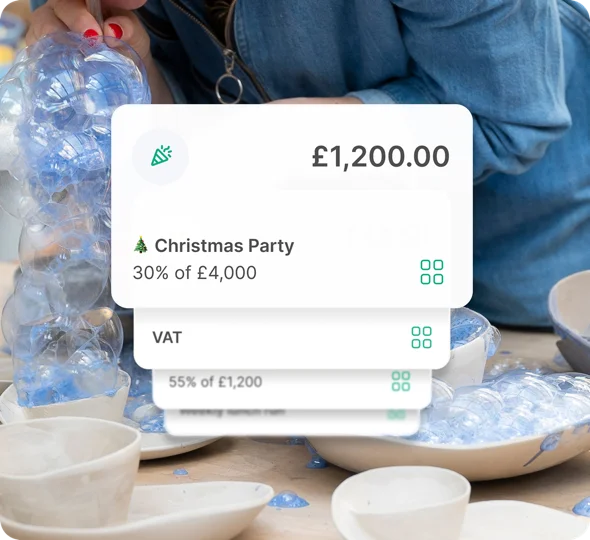 Potter at work beside ANNA money pot cards for a Christmas party and VAT