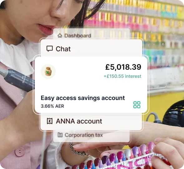 ANNA savings account dashboard showing £5,018.39 at 3.66% AER over a nail-salon background