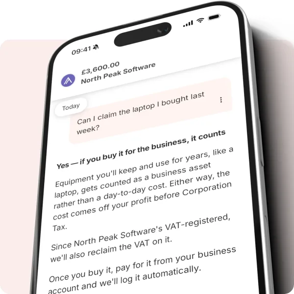A question in the ANNA chat – can I claim the laptop I bought last week – with ANNA’s answer that it counts as a business asset