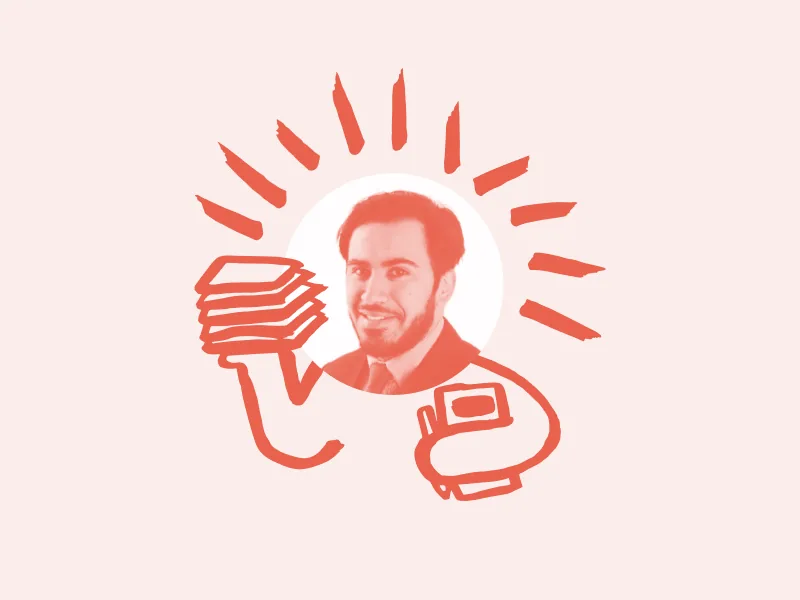 A drawing of an accountant holding a stack of papers