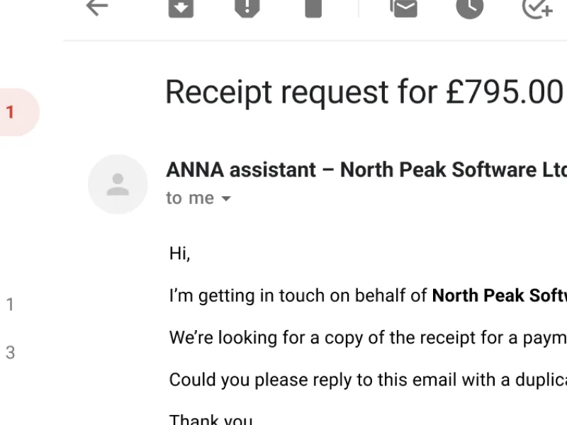 An email from ANNA to North Peak Software asking for a receipt for a £795.00 payment