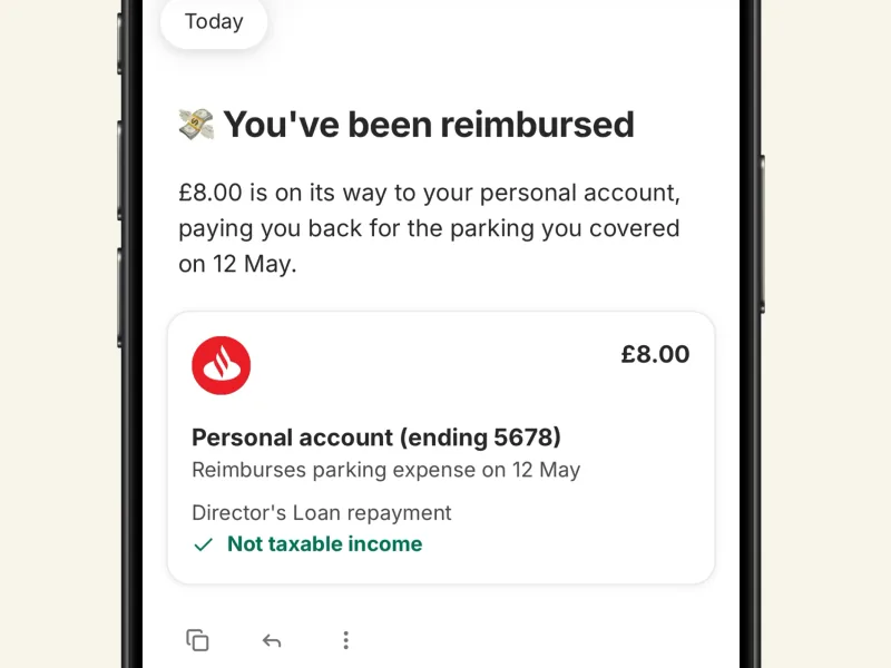 The ANNA app confirming a personal-card purchase has been reimbursed and recorded as an expense
