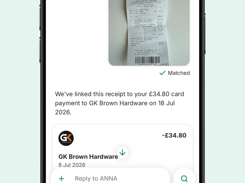 A receipt photo in the ANNA app with its matching transaction found