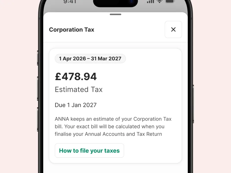 Estimated Corporation Tax for the year shown in the ANNA app as £478.94