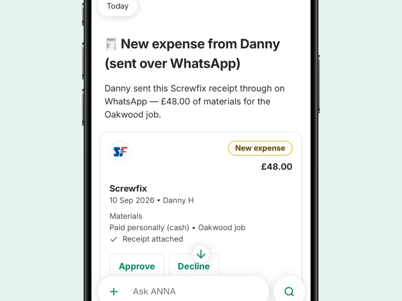 A new expense from a team member arriving over WhatsApp, forwarded to ANNA