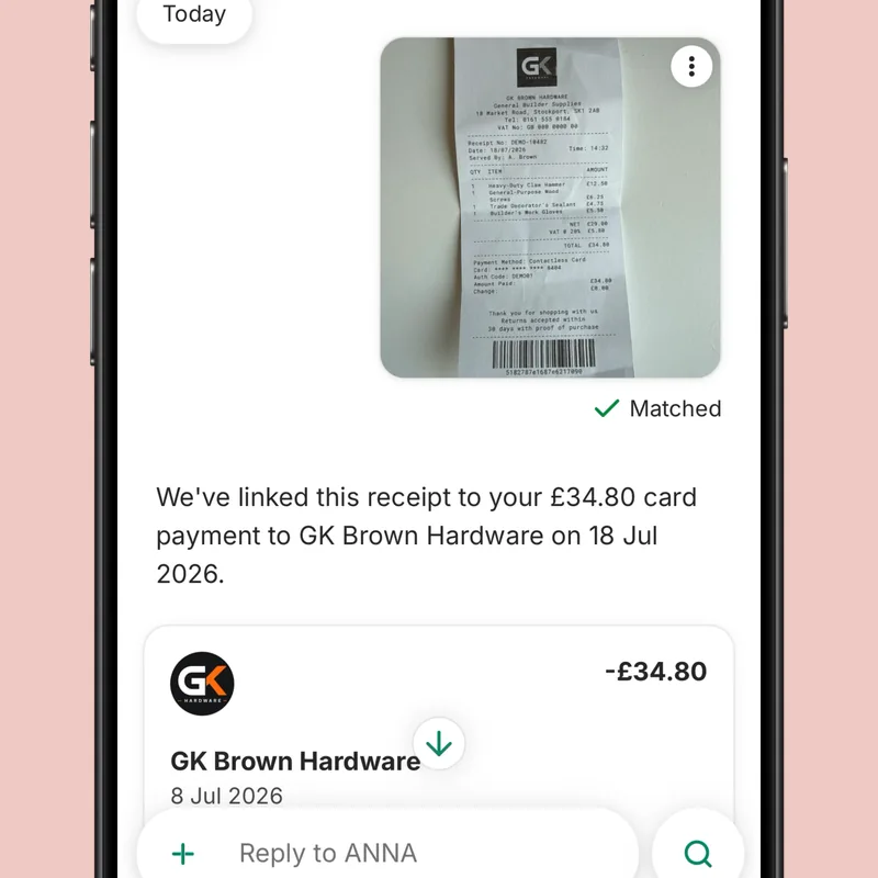 A photographed receipt matched to a card payment in the ANNA app