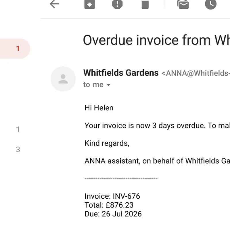 An overdue-invoice reminder email sent by ANNA on the business’s behalf