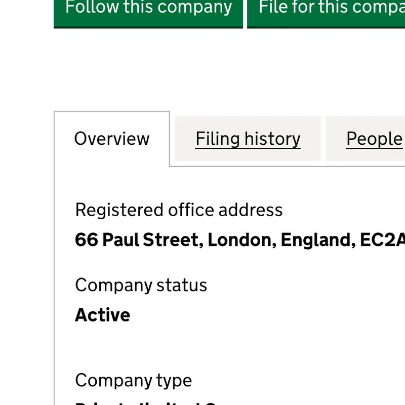 A Companies House record showing a registered office address in London