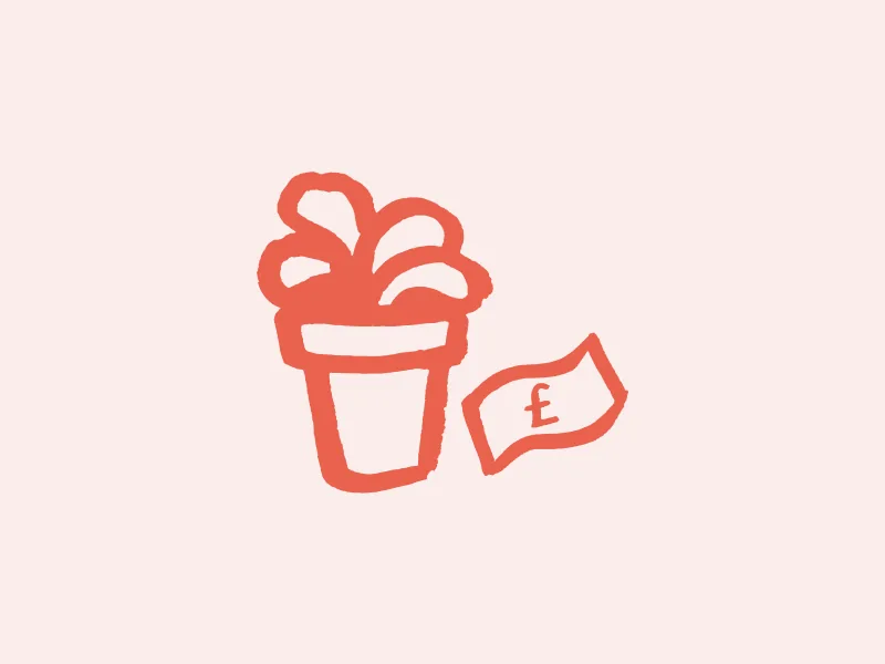 A drawing of a plant growing out of a pot of banknotes