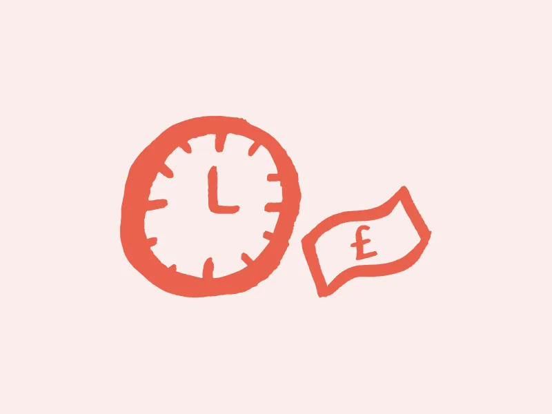 A drawing of a clock and a banknote