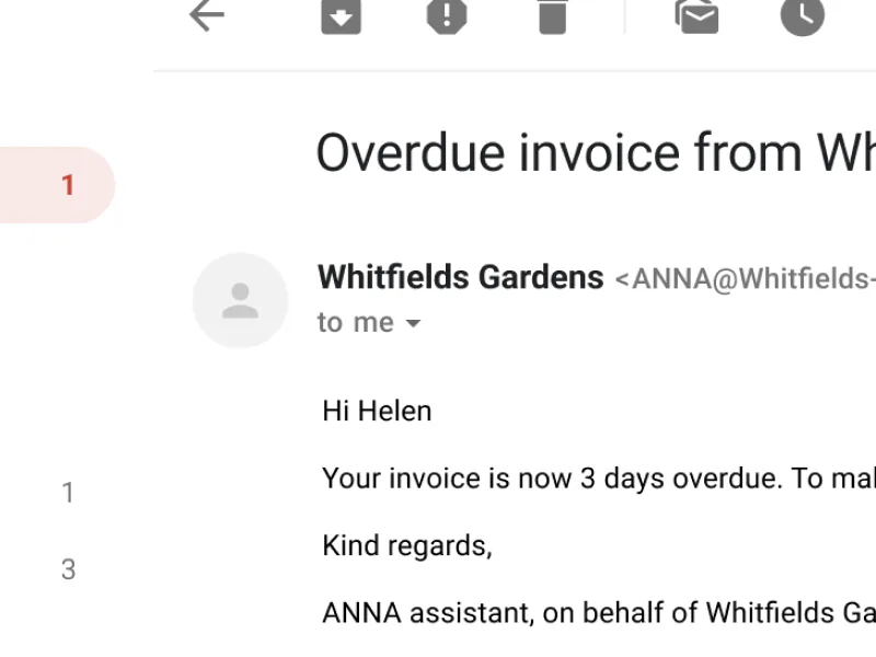 An overdue-invoice reminder email from Whitfields Gardens, sent by ANNA on the business’s behalf