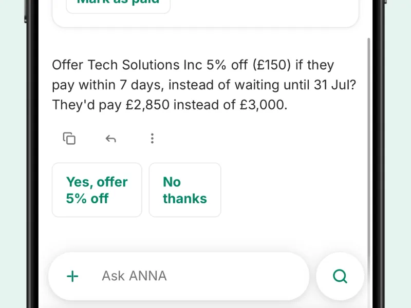 ANNA asking whether to offer a customer 5% off for paying within 7 days, with yes and no buttons