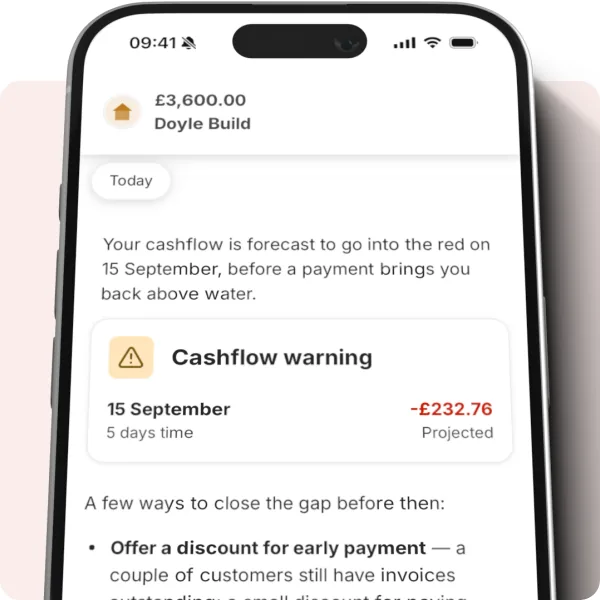 The ANNA app warning that cashflow is forecast to go into the red on 15 September, with ways to close the gap