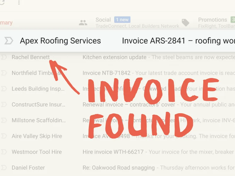 A supplier invoice email stamped “Invoice found”