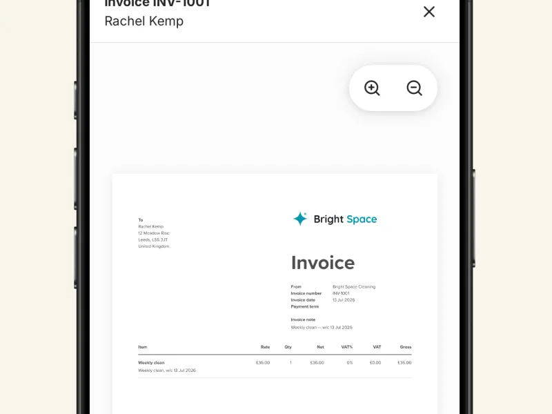 A draft invoice created in the ANNA app from a chat message