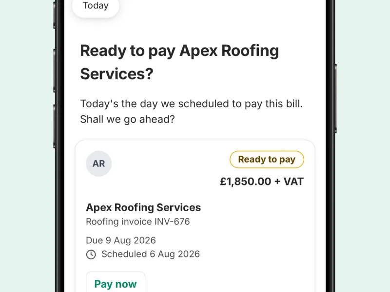The ANNA app ready to pay an Apex Roofing Services invoice, scheduled for the due date