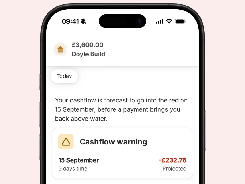 A cashflow warning in the ANNA app: a payment on 15 September takes the balance to minus £232.76