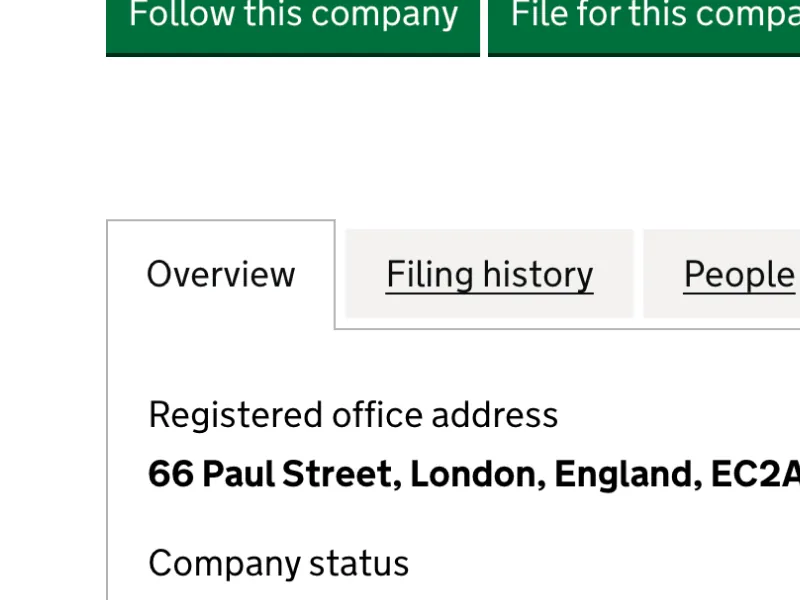 A Companies House record showing a registered office address on Paul Street, London