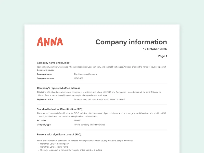 An ANNA company-information document ready for Companies House