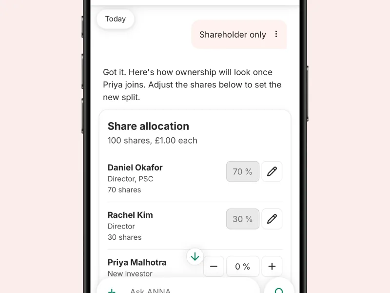 A share allocation screen in the ANNA app, adjusting each director’s split