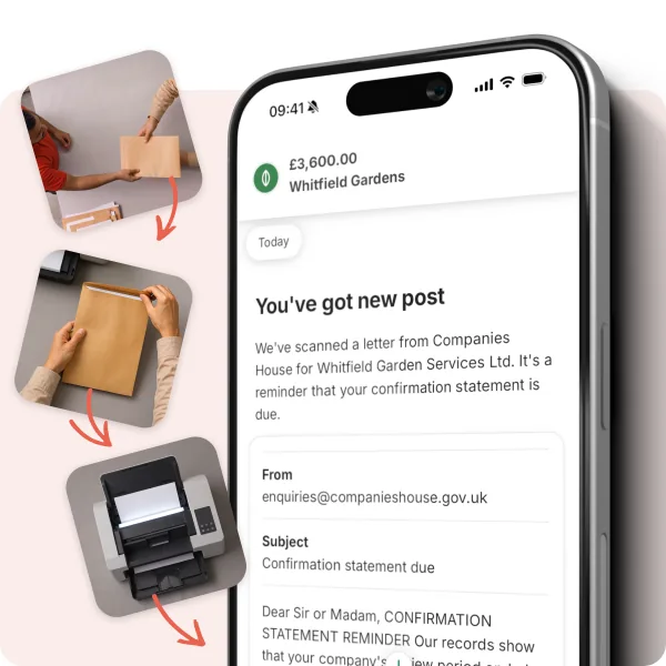 A letter being opened and scanned, then summarised in the ANNA app as a confirmation statement reminder from Companies House