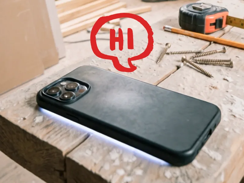 A phone on a workbench with a speech bubble saying Hi