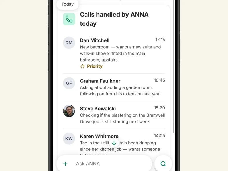The day’s calls handled by ANNA, listed with a line on each