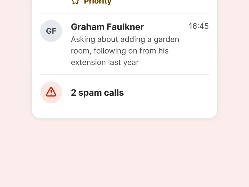 A call list with two spam calls flagged at the bottom