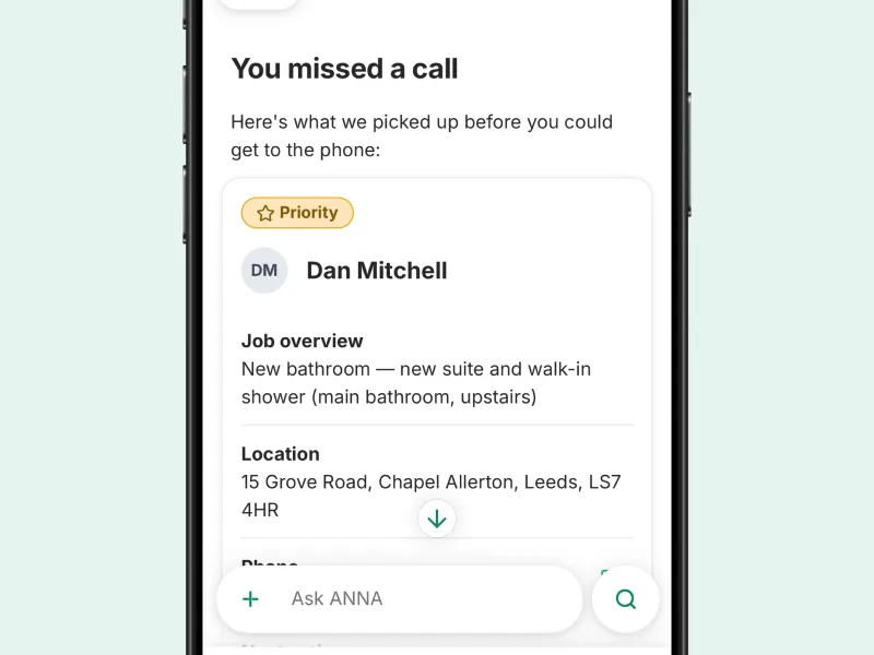 A missed-call summary in the ANNA app with the job overview and location