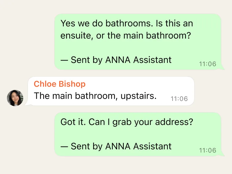A WhatsApp conversation answered by ANNA Assistant
