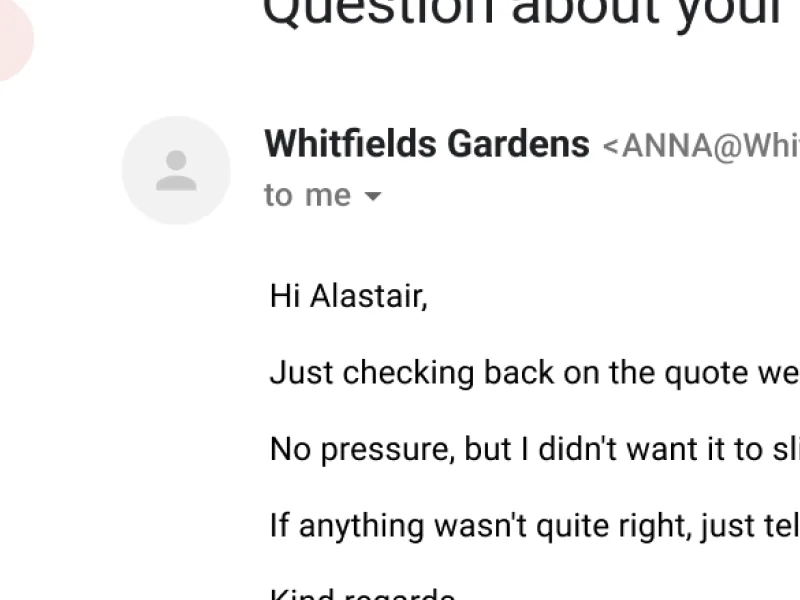 A gentle follow-up email about a quote, sent on the business’s behalf