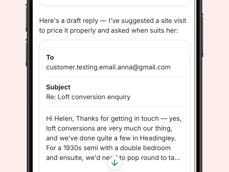 A drafted reply suggesting a site visit, ready to send