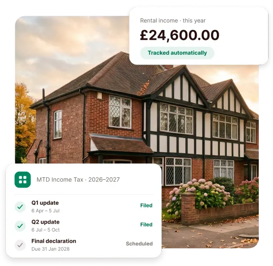 Tudor-style UK rental property with ANNA app cards showing £24,600 rental income tracked automatically and MTD Income Tax quarterly updates filed with HMRC