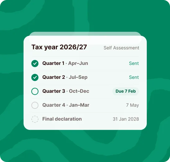 MTD tax year 2026/27 tracker: quarters 1 and 2 sent, quarter 3 (October to December) due 7 February, quarter 4 due 7 May and the final declaration due 31 January 2028