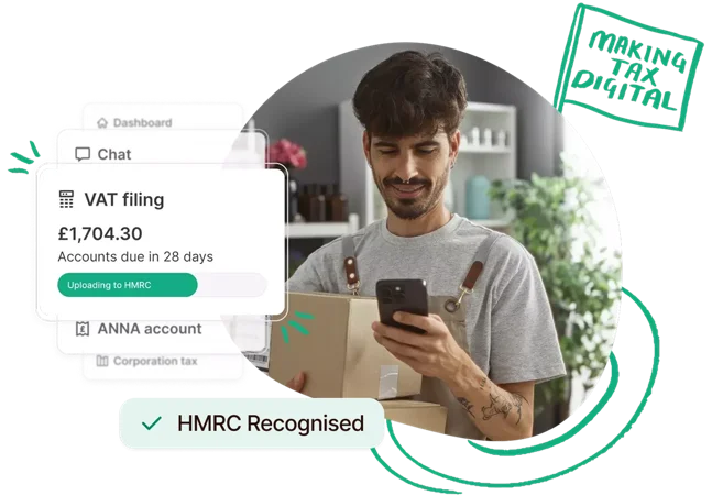 Man with phone showing MTD VAT dashboard, HMRC recognised badge