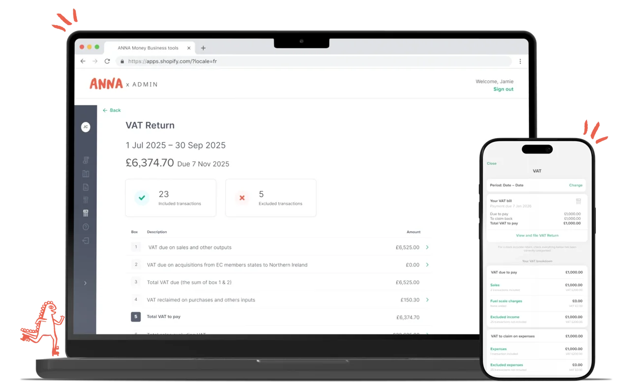 ANNA Auto Accountant dashboard showing MTD-compliant VAT return on laptop and mobile