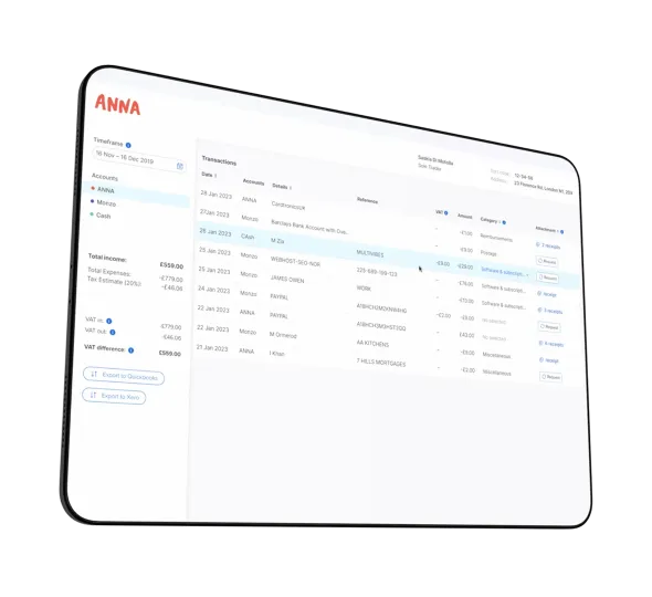 ANNA +Taxes app showing transactions and tax breakdown